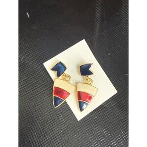 Vintage Trifari Nautical Flag Earrings Cream Red Blue Enamel Signed Preppy Chic